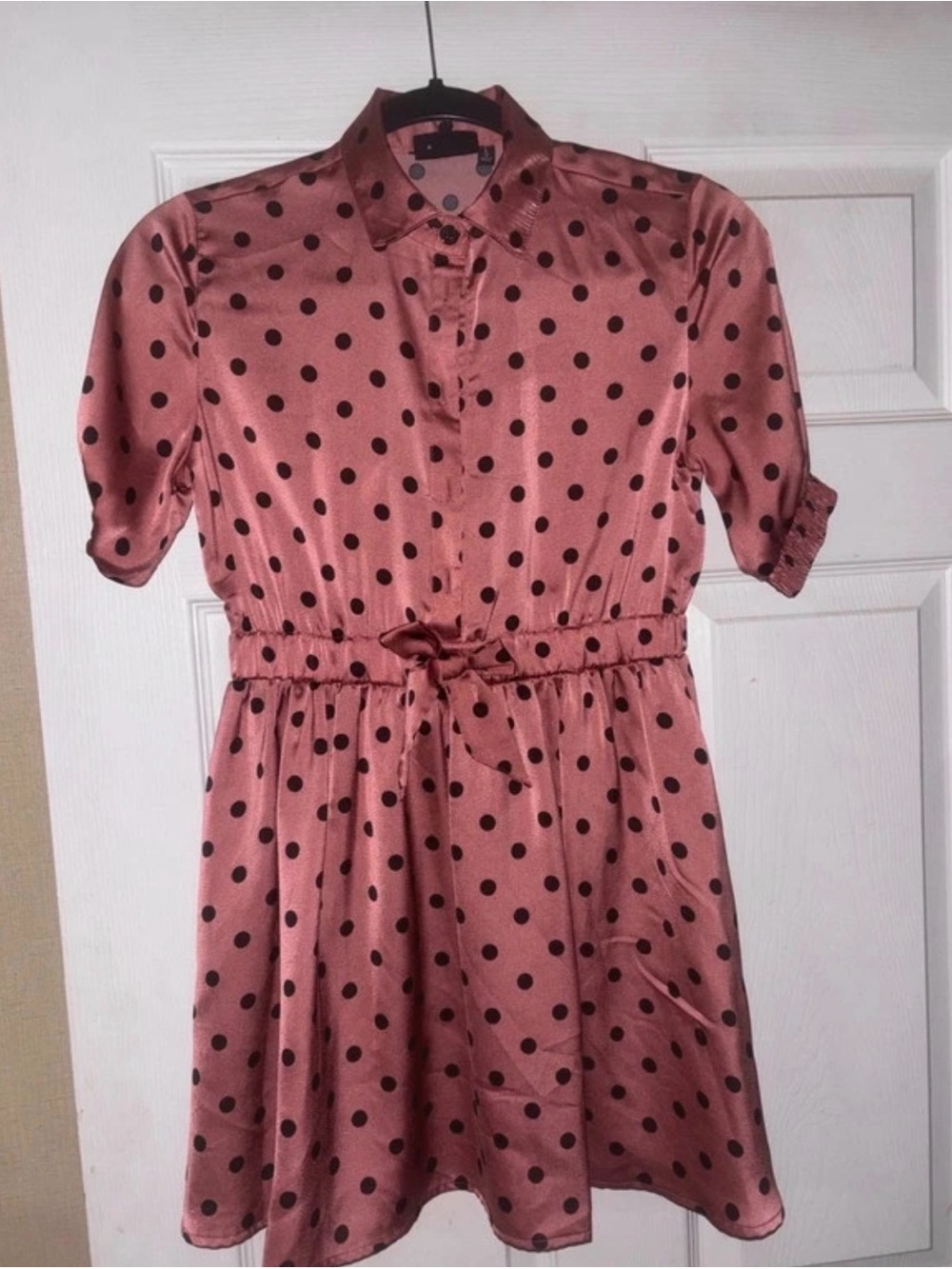 kidpik Pink Polka Dot Button-Front Shirt Dress with Tie Waist